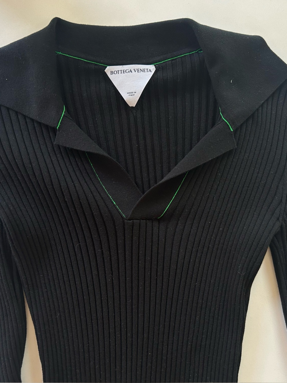 Bottega Veneta Black Ribbed V-Neck Sweater with Green Stitching